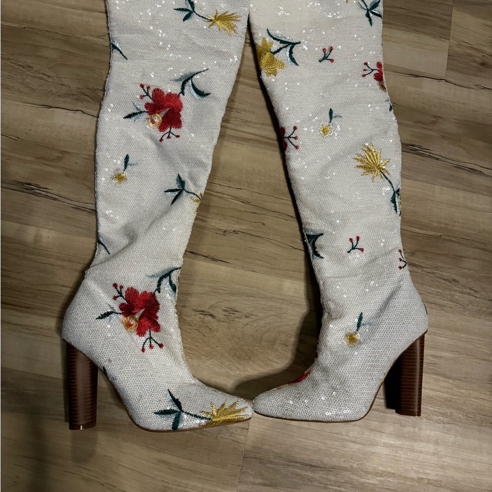 Floral Embroidered White Knee-High Boots